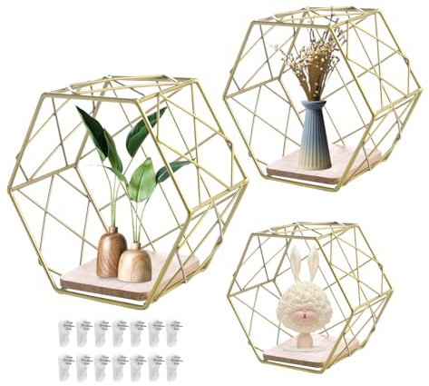 PEESHON Hexagon Wandregal Metall 3er Set, Hängeregalen für Schlafzimmer, Deko Hängeregal,Loft Wandregale, Golden Schweberegal Wanddeko für Wohnzimmer, Schlafzimmer, Café und Hotel Flur