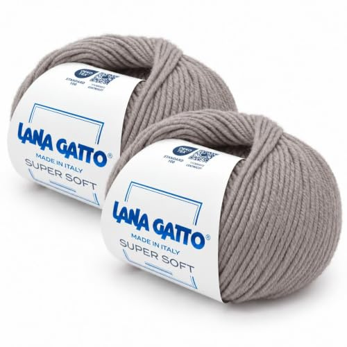 Lana Gatto Super Soft Merinowolle zum Stricken und Häkeln, 100% extrafeine Merino Schurwolle, 2 x 50 g Knäuel (100 g, 250 m), Nadelstärke 4, weiche Strickwolle, Hellgrau, Made in Italy