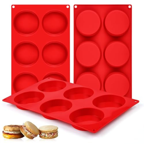 CAKETIME Muffin Top Pan, Silicone Egg Molds for Breakfast Sandwiches 3 Inch Round Silicone Baking Molds for Baking English Muffins, Whoopie Pies, Corn Bread, Egg Bites, Cookie, Tarts 3 Pack