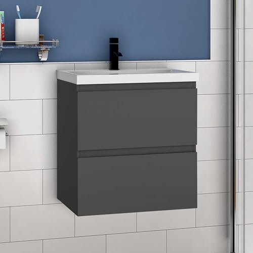 Acezanble 500mm Wall Hung Bathroom Vanity Unit Basin 2 Drawer Ceramic Basin Storage Cabinet Furniture - Matte Grey, Flat Pack