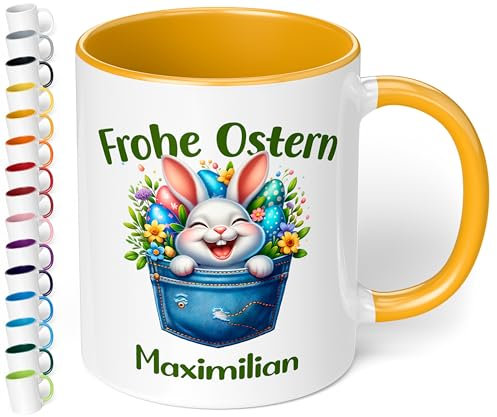 Tasse als Ostergeschenk personalisiert „Frohe Ostern“ Motiv: Osterhase Ostereier – 330ml Keramik Kaffeetasse mit Spruch – kleine Geschenke zu Ostern Easter gift (Goldgelb)