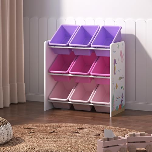 [en.casa] Kinderregal Muxía mit 9 Aufbewahrungsboxen Spielzeugregal mit Ozean-Motiv Spielregal Weiß Rosa Lila Kinderzimmer Organizer