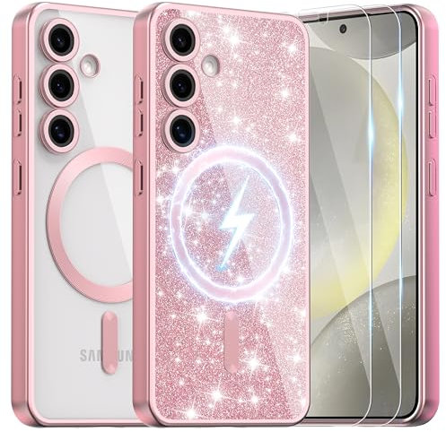 Ethanger Coque Magnétique pour Samsung Galaxy S24 5G avec 2×Verre Trempé [Compatible Magsafe] [Carte à Paillettes et Dragonne] Transparente Silicone Mat Titan Rose