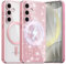 Ethanger Coque Magnétique pour Samsung Galaxy S24 5G avec 2×Verre Trempé [Compatible Magsafe] [Carte à Paillettes et Dragonne] Transparente Silicone Mat Titan Rose