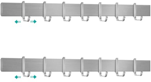 Poprkdre Hakenleiste Küche 40cm, Küchenhalterung ohne Bohren mit 7 abnehmbaren Haken, Aluminium Küche Hakenleiste,Oberfläche, Silber (2 pack)