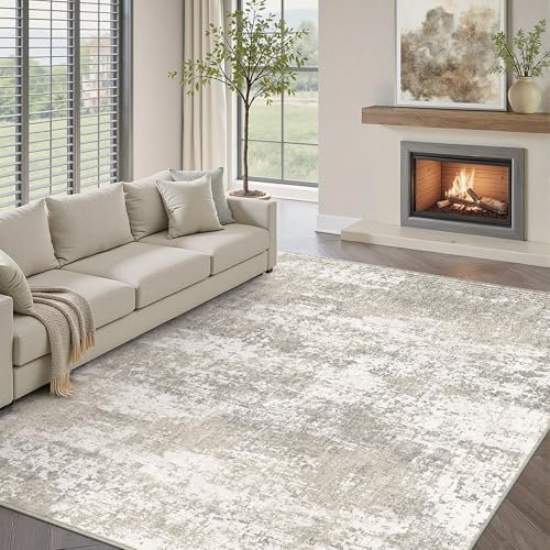 PureCozy Modern Abstract Beige Gray Area Rug 6x9 Machine Washable Large Carpet Neutral Kitchen Indoor Accent Throw Low Pile Non Slip Distressed Living Dining Room Bedroom Office