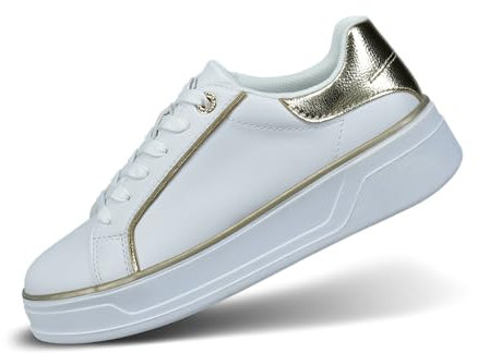 bugatti Damen-Weiße Sneakers mit Goldenen Details, Logo-Akzenten, Klobigen Gummisohlen und Stilvollem Design für Legere Kleidung, weiß/Gold, 39 EU