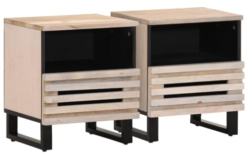 vidaXL Nachttische 2 STK., Nachttisch mit Stauraum Metallbeine, Nachtschrank für Schlafzimmer, Nachtkommode Nachtkonsole, Gebleichtes Massivholz Mango