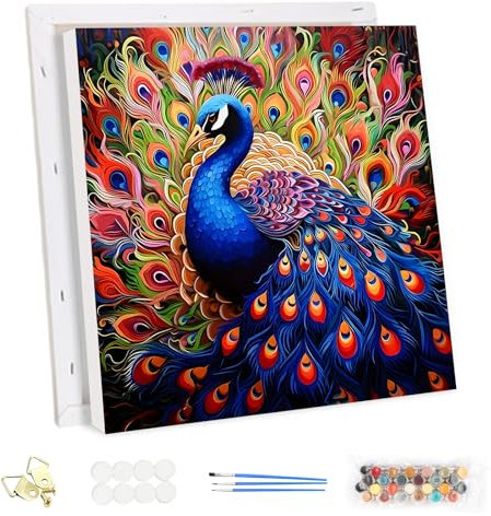 MEIYUDA Peinture par Numero Adulte avec Cadre Paon Arc-en-ciel, DIY Peinture Acrylique pour Débutants, Peinture par Numero Facile sur Toile Avec Peintures et Pinceaux Decoration Maison Cadeau 30x30cm