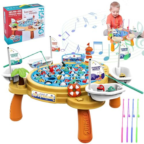 Ulikey Angelspiel, Fische Angeln Spiele Spielzeug, Kinder Angelspiel Elektrospielzeug mit Musik, 45 Fische und 4 Kinderangel, Fische Angeln Magnetspiel Lernspielzeug für Mädchen Junge