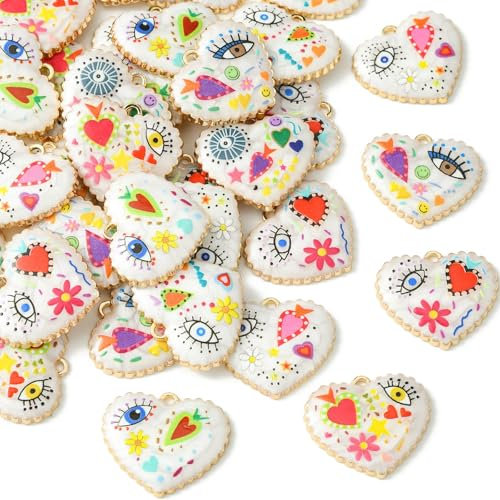 Airssory 35 pcs 7 Colors Heart with Evil Eye Flower Charm Lovely Heart Enamel Charms for DIY Jewellery Bracelet Necklace Earring Craft Decoration Present