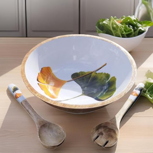 Hartsmede Handmade Wooden Salad Bowl 12 with Spoons – Large Mango Wood Fruit Bowl – Rustic Eco-Friendly Serving Bowl – Sustainable Gift for Home or Wedding (Genko, Large 12)