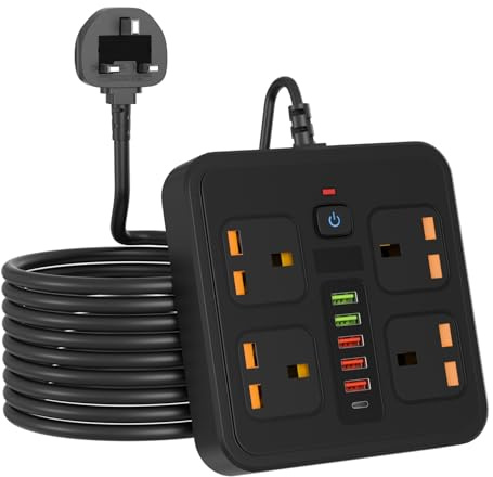 Extension Lead with USB, 4 Way Power Strip, 3M, Surge Protected with USB-C | 5 USB-A + 1 USB-C Charging Ports, 3M/9.84FT Cable with UK Plug for Home Office, Desk and Bedroom Use, Multi Device Charging