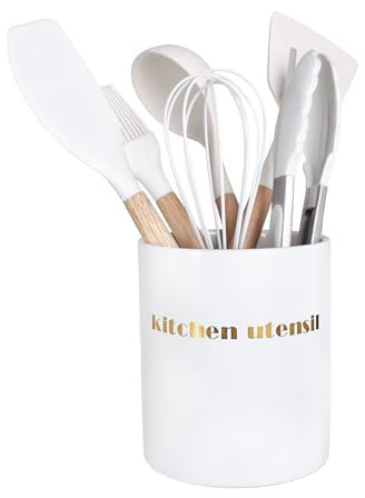 BSTKEY Ceramic Kitchen Utensil Storage Jar Cutlery Organizer, White Round Cooking Utensil Holder Kitchen Silverware Storage Holder Spoon Fork Knife Organizer for Countertop (No Untensils)