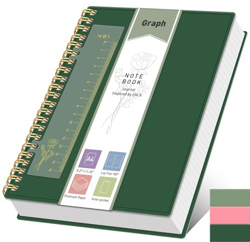PYNEX Ringbuch Notizbuch A4 Kariert,150 Blatt / 300 Seiten Zeichnen,Spiralblock Notizbücher,Checkered block, 105gsm College,Forscher, Geschäftsleute,21.5 x 27.9cm - Dunkelgrün