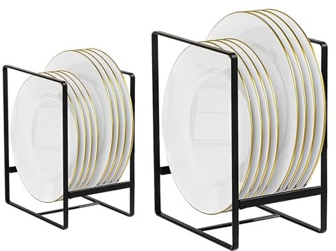 TUAKIMCE 2 Pack Plate Storage Rack, Plate Holders Organizers, Vertical Plate Dish Organizers Drying Racks Drainer, Cabinet Dish Drying Rack Metal Stands for Countertop and Cupboard Black