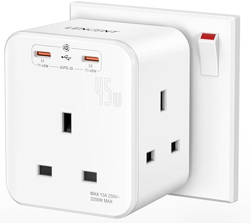 LENCENT 3 Way Plug Extension Socket with 2 Fast Charge USB, 5-in-1 Cube Multi Plug Extension with PD45W USB C Wall Charger, Plug Extender for Home, Office, Kitchen, 13A 3250W