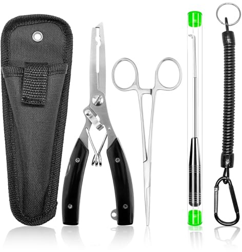 YunJoyous Portable Fishing Pliers Snips Set,Stainless Steel Fishing Pliers with Retractable Lanyard, Hook Release,Multifunctional Fishing Scissors,Fish Lip Gripper Set for Line Cutting and Split Ring
