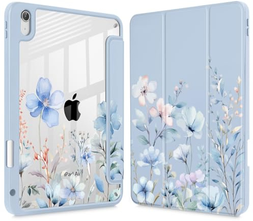 May Chen Hülle für iPad Air 11 (M3 2025 / M2 2024) 7th 6th, iPad Air 4 & 5 10.9 Zoll 5th 4th (2022/2020) - Stifthalter + Auto Sleep/Wake, Transparent Stoßfest Back Cover, Blau Blumen
