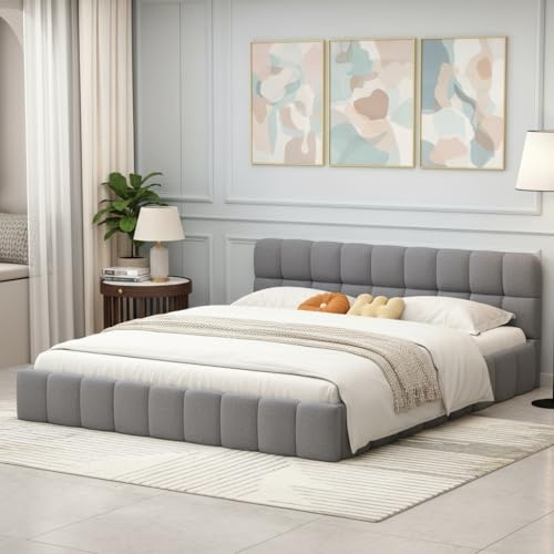 RXMORI Boden Polsterbett 140x200cm, Doppelbett mit Bettkasten, Bubble Bett Jugendbett mit Lattenrost und Gepolstertes Kopfteil, Flachbett Gästebett (Grau, 140x200cm)