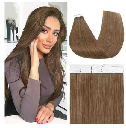 Tape in Haarverlängerungen Tape-in-Haarverlängerung Nr. 6, hellbraun, Echthaar, 40,6–66 cm, 20 Stück/50 g, brasilianisches Remy-Haar, seidig, glatt, nahtlos, Tape-in-Extensions Tape in Extensions(22 i