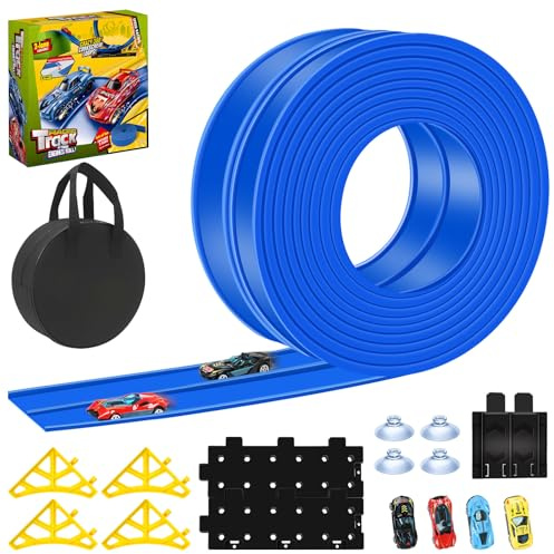 Car Track 5M Flexible Race Track for Toy Cars with 4 Cars, 2 Flexible Ramps, 1 Storage Bag, 4 Suction Cups, Christmas Birthday Gifts for Kids 3 4 5 6 7 8 Year Boys Girls