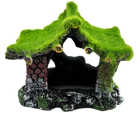 Kathson Aquarium Decoration House Resin Hollow Hideout House, Betta Fish Hide Accessories Cave Ornament Tank Small Fish Hideaway with Moss