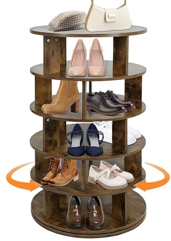 MOHQZA Drehbares Schuhregal | Schuhregal Drehbar Holz | 360° 5 Ebenen Schuh und Taschenvitrine | Schuhaufbewahrung Platzsparend Rund | Schuhschrank für Eingang Ankleidezimmer und Flur (Vintage Braun)
