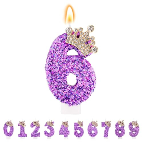 TESGADGETS Candele di Compleanno Lilla, Candele per Torta Combinabili con Numero 6, Candele Luccicanti con Numero 6 per celebrazioni anniversarie