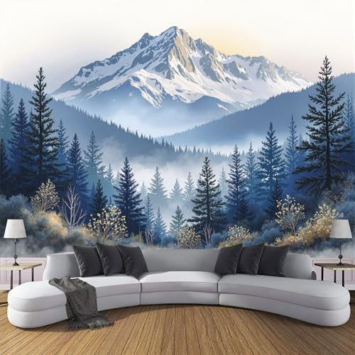 ZISTRCBAO Papier Peint Soie Forêt De La Montagne Enneigée 400x280cm, Papier Peint Panoramique Paysages Naturels, Bleu Foncé Décoration Murale Pour Salon Chambre Décor Fond TV
