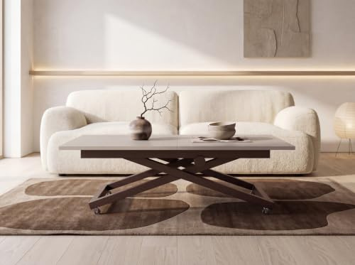 WFL GROUP Couchtisch Höhenverstellbar Ausziehbar – Wohnzimmertisch & Esstisch mit Rollen, Braunem X-Metallgestell – 120 x 80 cm bis 160 x 80 cm – Kaschmir