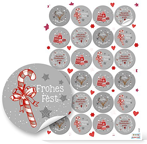 Logbuch-Verlag 24 Weihnachtsaufkleber rund 4 cm Geschenkaufkleber Geschenkaufkleber Sticker Weihnachten rot weiß grau Text Frohes Fest