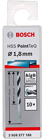 Bosch Accessories 2608577186 HSS PointTeQ (1,8 x 22 x 46 mm) - Set da 10 Pezzi di Punte Elicoidali per Trapano per Metallo, Acciaio, Fusione o Plastica, Grigio (Argento), Ø 1.8 mm