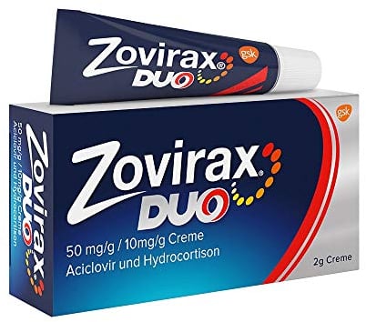 Zovirax Duo Creme mit der Zweifach-Wirkformel bei Lippenherpes: Stoppt die Virenvermehrung und kann die Bläschenbildung verhindern. 5 % Aciclovir und 1 % Hydrocortison. Herpescreme. 2 g Packung