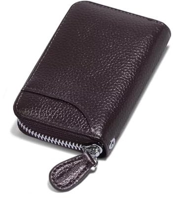 Womens Credit Card Holder Small RFID Blocking Ladies Wallet with Stainless Steel Zipper Excellent Genuine Leather Accordion Wallets Case for Women ID Compact Slim Blocked Zip Accordian Cards Coffee