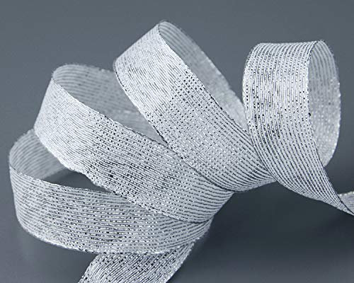 20 m x 25 mm Dekoband METALLIC STRIPES WEISS Silber Lurex Streifen Geschenkband Schleifenband mit Drahtkanten glänzend Weihnachtsband