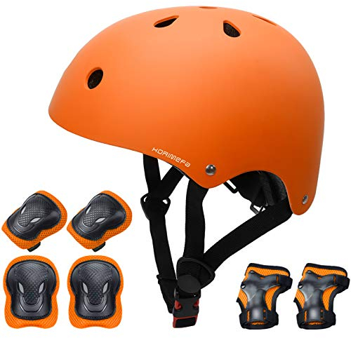 KORIMEFA Casco Protezione Bambini, Ginocchiere, Gomitiere e Protezione Polso per Bambini da 3-13 Anni, Casco per Hoverboard, Scooter, Pattini, BMX e Bicicletta (Arancione, M)