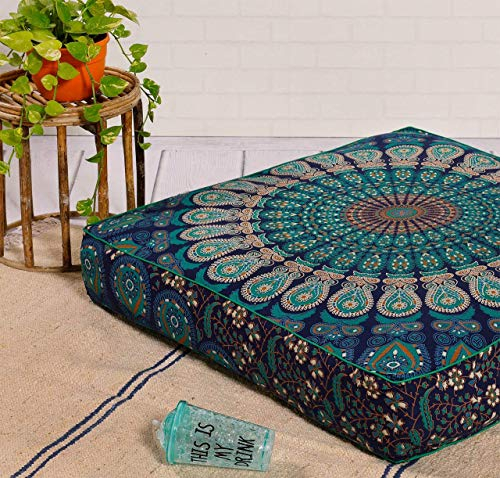 Popular Handicrafts Bodenkissenbezug, Hippie-Mandala, quadratisch, Ottomane, Pouf, indischer Pfau, Tagesbett, übergroß, Baumwolle, mit robustem Reißverschluss, Hundebett, 56 cm, Türkis