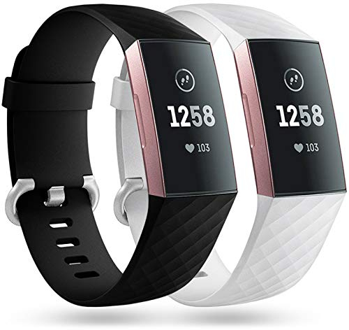 Faliogo 2 Stück Ersatzriemen Kompatibel mit Fitbit Charge 3 Armband/Fitbit Charge 4 Armband, Weiches Sports Uhrenarmband Armbänder für Damen Männer, Klein, Schwarz/Weiss