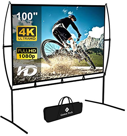 GT GETCO TECH Projector Screen with Stand, 100 Foldable Portable Movie Screen, 16:9, HD 4K Double Sided Indoor/Outdoor Projection Screen for Home Theater