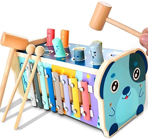 KIDWILL Wooden Hammering Pounding Toy, Educational Pegs Pound Maze Puzzle Number Sorter Musical Toy with Xylophone, Hammers, Mallets, Toys for 3 4 5 Year Old Boys and Girls