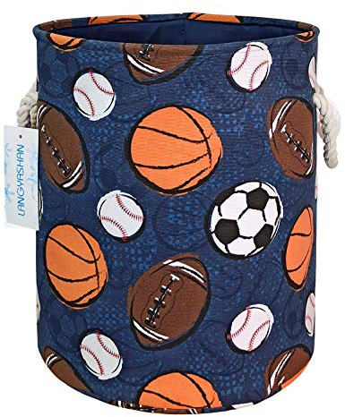 LANGYASHAN Laundry Basket Canvas Collapsible Organizer Storage Basket for Boys Girls Laundry Hamper Toy Bins Gift Baskets Bedroom Clothes Children Nursery (Navy Ball Game)