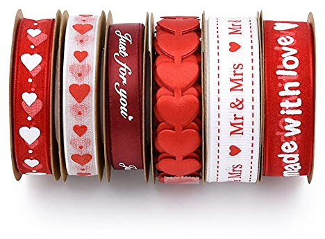 ANCLLO 6 Rollen Valentinstagsbänder bedruckte Herzbänder Bastel-Satinbänder für Geschenkverpackungen DIY Zubehör