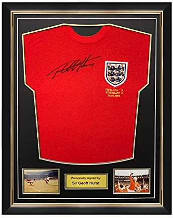 Exclusive Memorabilia Sir Geoff Hurst Signed England 1966 World Cup Football Shirt. Superior Frame