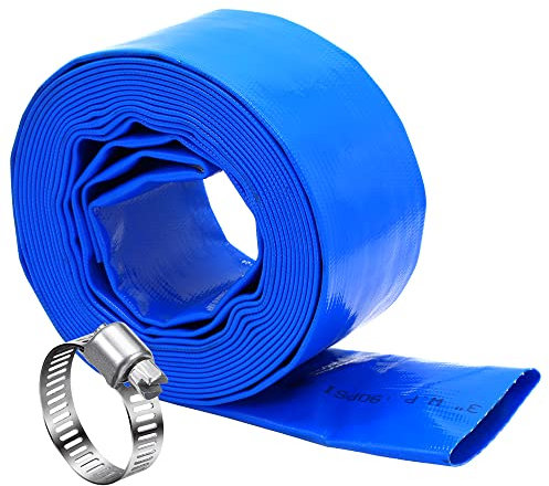 DAVCO 7,6 cm x 15,2 m Pool-Rückspülschlauch, robuster, verstärkter blauer PVC-Lay Flexschlauch, flache Wasserentladungspumpenschläuche für Schwimmablaufbecken und saubere Filter, mit 1 Klemme