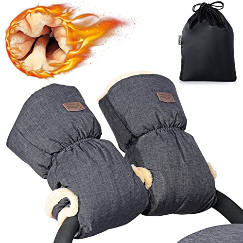 Orzbow Handwärmer Kinderwagen,Wasserdicht Künstliche Lammfell Handschuhe Kinderwagen mit Tasche,Winddicht Handmuff für Buggy,Winter Geschenk für Neue Eltern (Dunkelgrau)
