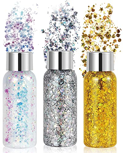 Glitzer Gesicht Gel, Mermaid Sequins Glitter Body Gel, Festival Glitzer Gesicht, Lidschatten Face Glitter Schminke Für Festival Musikfestivals Party Masquerade Körper Haare Lippen#Gold+Silber+Weiß