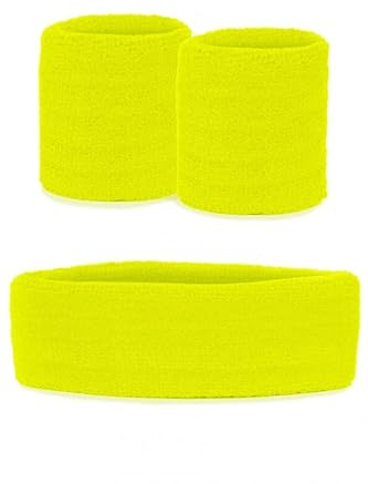 krautwear Damen Mädchen Schweißbänder Stirnband 2 Armbänder Beinstulpen Handschuhe 80er Jahre Set Neon Pink (Schweißbänder Set, gelb)