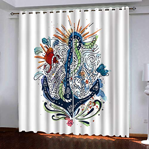 ZAPVI Fenster Vorhang Schlaufen-Vorhang Graffiti & Anker Dekorative Gardine Schlaufenschal Fenster-Schal 2er Set Größe:2 x B110 x H215cm