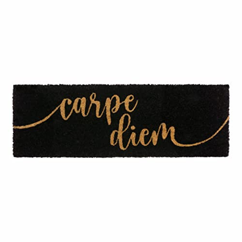 LA KO Kokosmatte 25 x 75 cm - handgefertigte Bedruckte Fußmatte aus nachhaltigen Kokosfasern und PVC-Rücken - Türmatte für erhöhte Rutschfestigkeit (Carpe Diem schwarz)